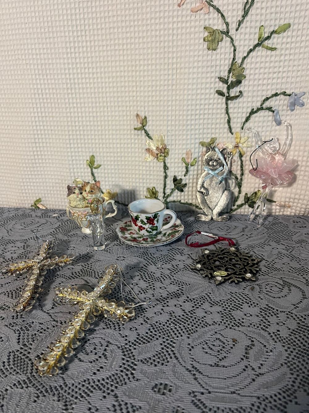 Victorian Christmas Ornament Lot Porcelain Holly Teacup Crystal Cross Pewter
